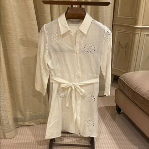 Elegant White Eyelet Shirt Dress Zara